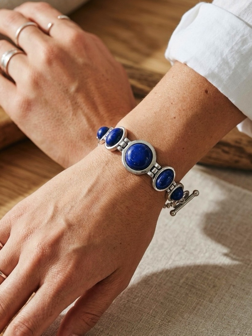 Silver-Tone Stainless Steel Link Bracelet - Blue Lapis-Style Cabochons - 7"-8" - Picture 3 of 12